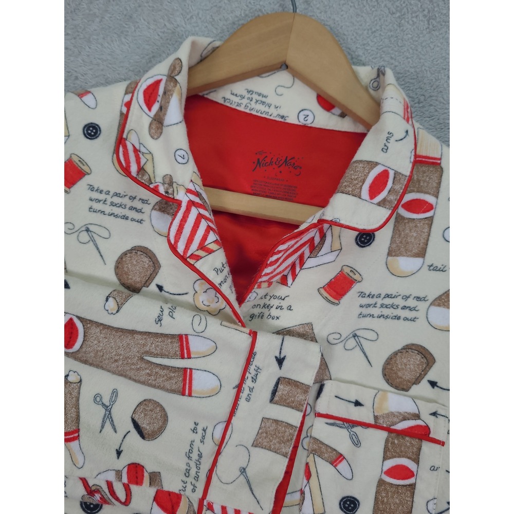 Nick & Nora Womens Large Sock Monkey Print Flannel Pajama Top Button Front
